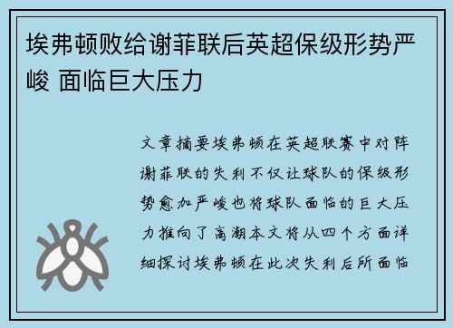 埃弗顿败给谢菲联后英超保级形势严峻 面临巨大压力