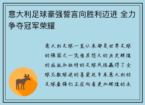 意大利足球豪强誓言向胜利迈进 全力争夺冠军荣耀