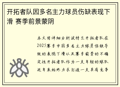 开拓者队因多名主力球员伤缺表现下滑 赛季前景蒙阴