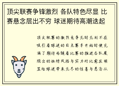 顶尖联赛争锋激烈 各队特色尽显 比赛悬念层出不穷 球迷期待高潮迭起